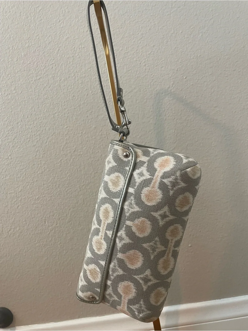 Coach Poppy Ikat Print Wallet Clutch Wristlet Gray Blush Metallic Trim Matching